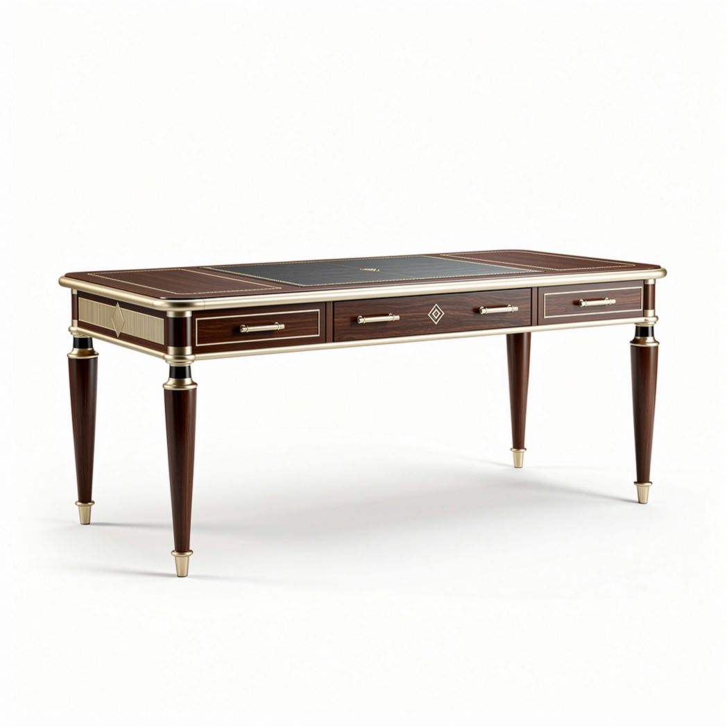 Bureau en bois foncé avec surface en cuir et tiroirs 150 x 75 x 75cm
