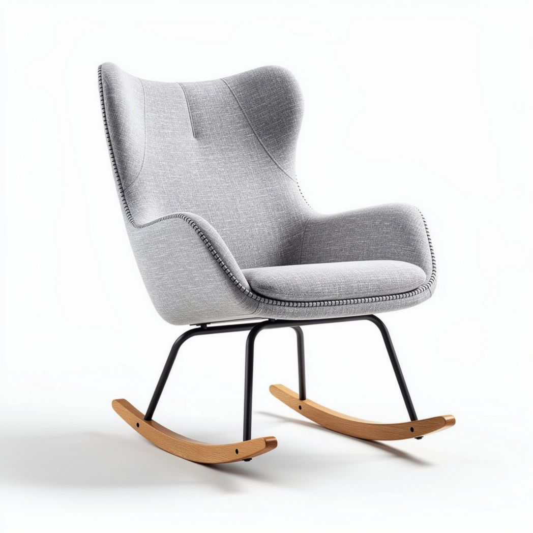 Fauteuil à bascule en tissu gris avec structure en bois et métal dimensions 70 x 85 x 100cm