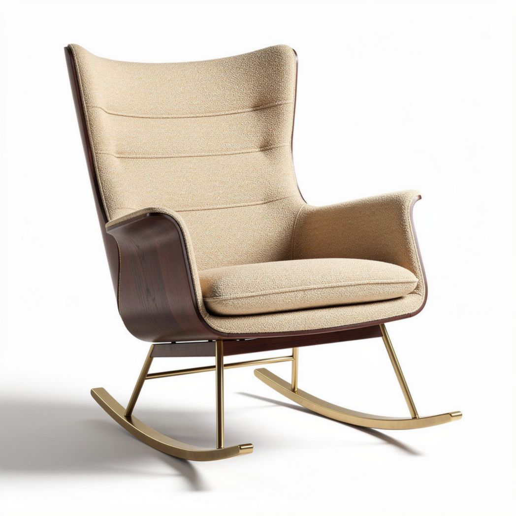 Chaise berçante en tissu beige avec structure en bois et métal doré 80 x 70 x 100cm