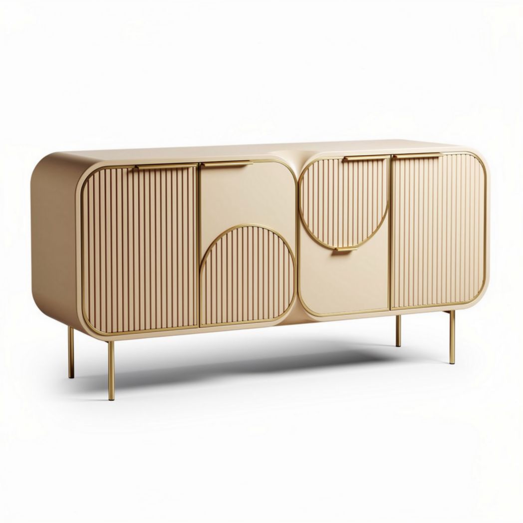 Buffet en bois avec panneau rainuré et portes courbes doré 150 x 40 x 70cm