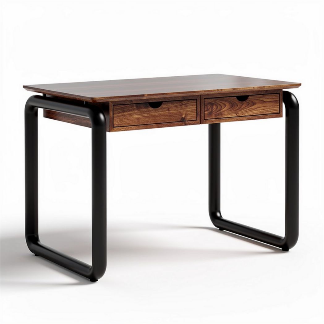 Bureau en bois avec structure en métal noir et deux tiroirs 120 x 60 x 75cm